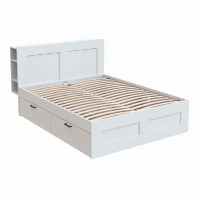 Кровать двойная с ящиками НАВИ 160х200, белая + Изголовье с полками НАВИ 160, белый фотография