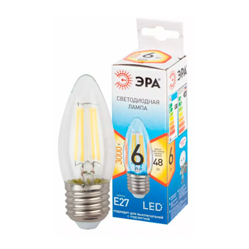 Лампа светодиодная филаментная свеча теплый белый свет FB3527 ЭРА QX F-LED B35-6W-2700K-E27 фотография