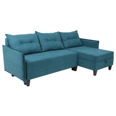 Диван-кровать угловой Туули КП Prince Petrol, лазурно-синий (черные опоры) фотография