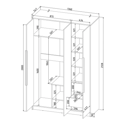 Шкаф КОНЦЕПТ КТ-Ш3, к.Белый/ф.Белый  (В2128хШ1360хГ547мм)_7