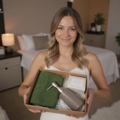 Подарочный бокс №4 (Полотенце вафельное (2 шт.) + Ароматическая свеча + Дозатор + Подарочная упаковка) фотография