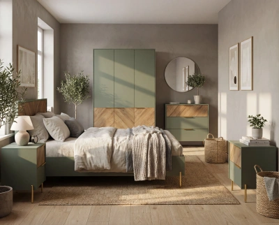 Спальня "SIENA", дымчатый зеленый + дуб вотан. Комплект №1_1