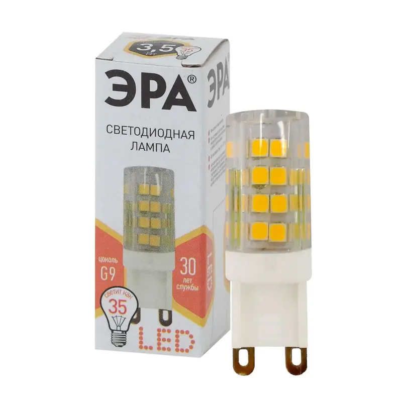 Лампочка светодиодная G9 3,5Вт керамика капсула теплый белый свет ЭРА STD LED JCD-3,5W-CER-827-G9 фотография