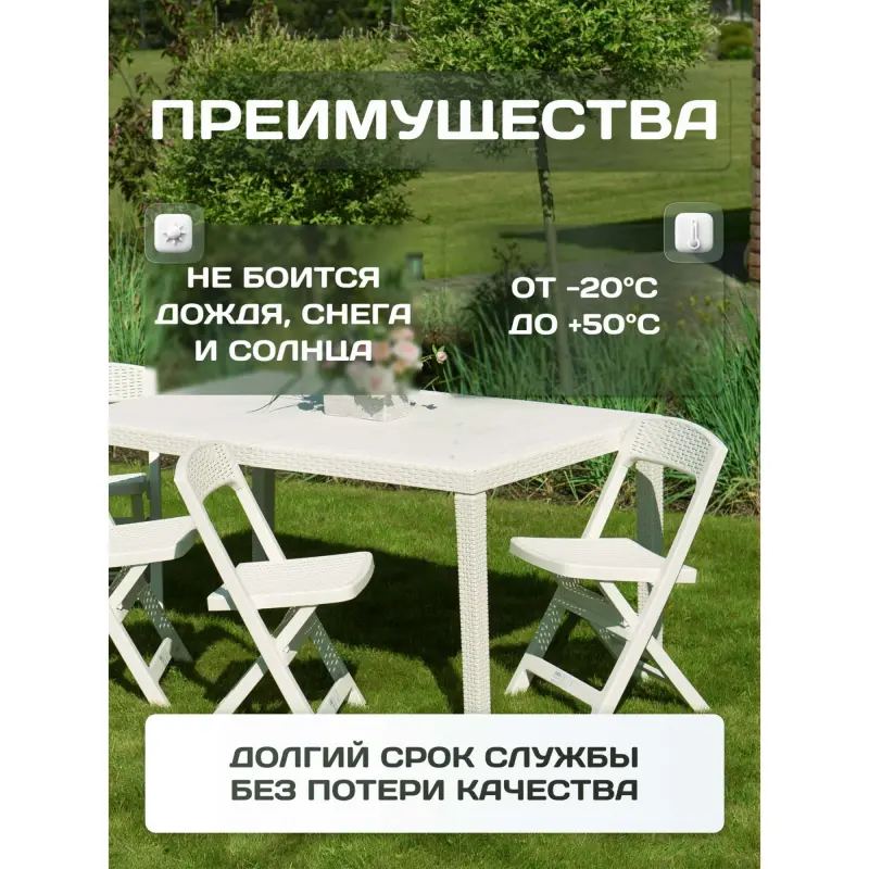 Стол складной PRINCE, 150*90*72, белый (пластик с имитацией ротанга)_preview_8