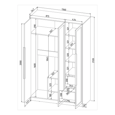 Шкаф КОНЦЕПТ Тренд КТ-Ш3, к.Дуб золотой/ф.Пепел  (В2128хШ1360хГ547мм)_6