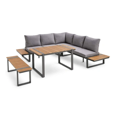 Комплект садовой мебели HARMONY (диван 2шт, диван угловой 1шт, стол 1шт, скамья 1шт), серый+натуральный/черный фотография