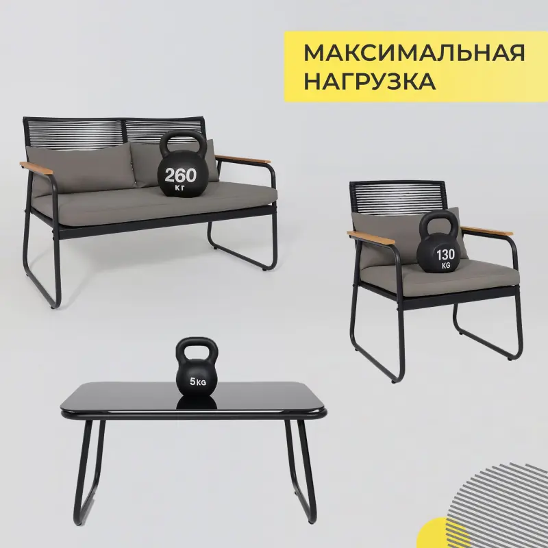 Комплект мебели GARDENIA (кресло 2шт, диван 1шт, стол 1шт), черный/черный_preview_44