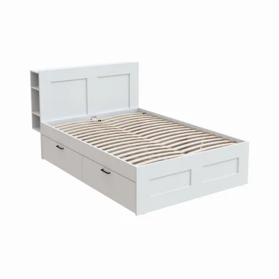 Кровать двойная с ящиками НАВИ 140х200, белая + Изголовье с полками НАВИ 140, белый фотография