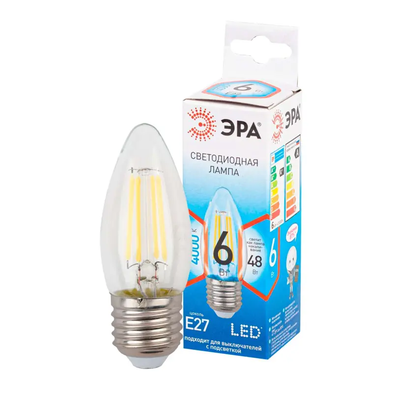 Лампа светодиодная филаментная свеча нейтральный белый свет FB3527 ЭРА QX F-LED B35-6W-4000K-E27 фотография