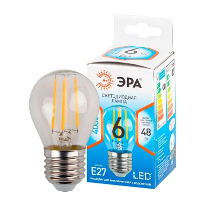 Лампа светодиодная филаментная шар нейтральный белый свет FP4527 ЭРА QX F-LED-6 Ват-P45-4000K-E27 фотография