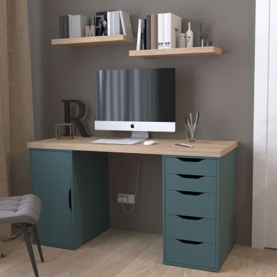 ИНГАР 2/5/ДВ стол письменный 140x75x55, дуб беленый/серо-бирюзовый_2