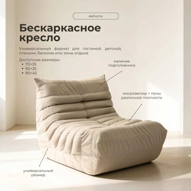 Бескаркасное кресло Француз SLIM BeanBag 70*35 / микровелюр, Латте_preview_6