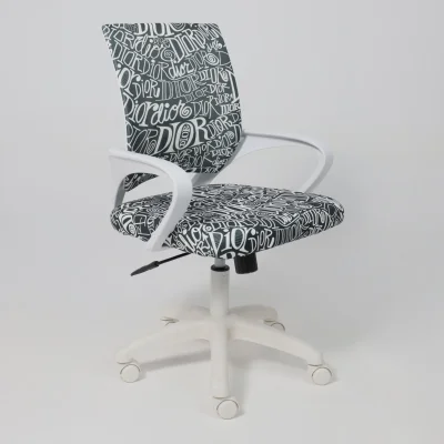 Кресло рабочее, поворотное RICCI NEW, white, ткань, черно-белая диор_3