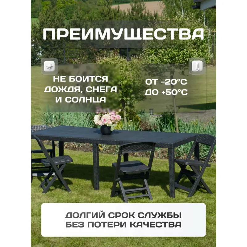 Стол складной QUEEN, 220*90*72, антрацит (пластик с имитацией ротанга)_preview_3