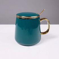 Чашка с крышкой MOONSHINE, керамика, темно-зеленый+золото, 12*9*19,5см фотография